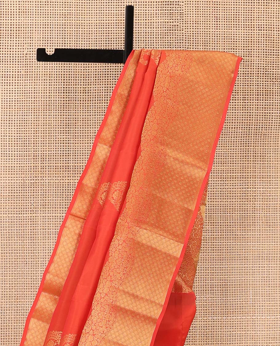 Orange manga buttas Vasundhara silk mix saree, scallop floral vine border of jaal design, and vanki design pallu