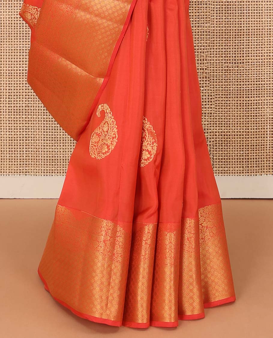 Orange manga buttas Vasundhara silk mix saree, scallop floral vine border of jaal design, and vanki design pallu