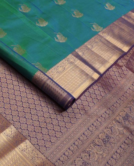 Blue zari buttas Vasundhara silk mix saree, contrast traditional design border, and intricately designed pallu