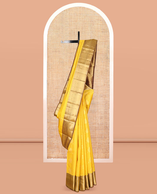 Yellow Vasundhara Lite Silk Mix Saree, Sparsely Woven with Zari Butta Enclosed Checks, a Contrast Traditional Zari Border, Grand Pallu, and a Contrast Blouse