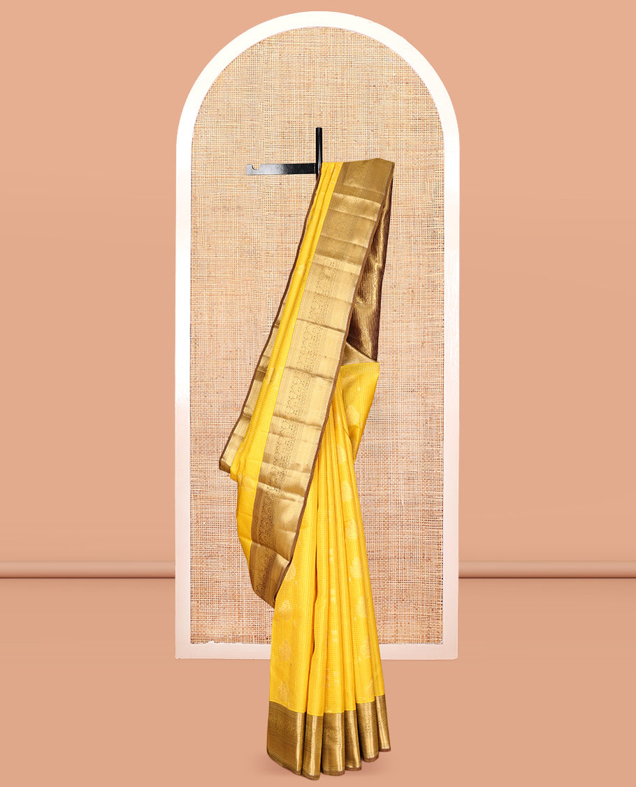 Yellow Vasundhara Lite Silk Mix Saree, Sparsely Woven with Zari Butta Enclosed Checks, a Contrast Traditional Zari Border, Grand Pallu, and a Contrast Blouse