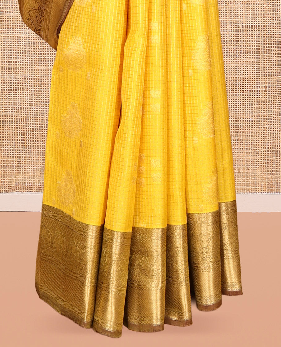 Yellow Vasundhara Lite Silk Mix Saree, Sparsely Woven with Zari Butta Enclosed Checks, a Contrast Traditional Zari Border, Grand Pallu, and a Contrast Blouse