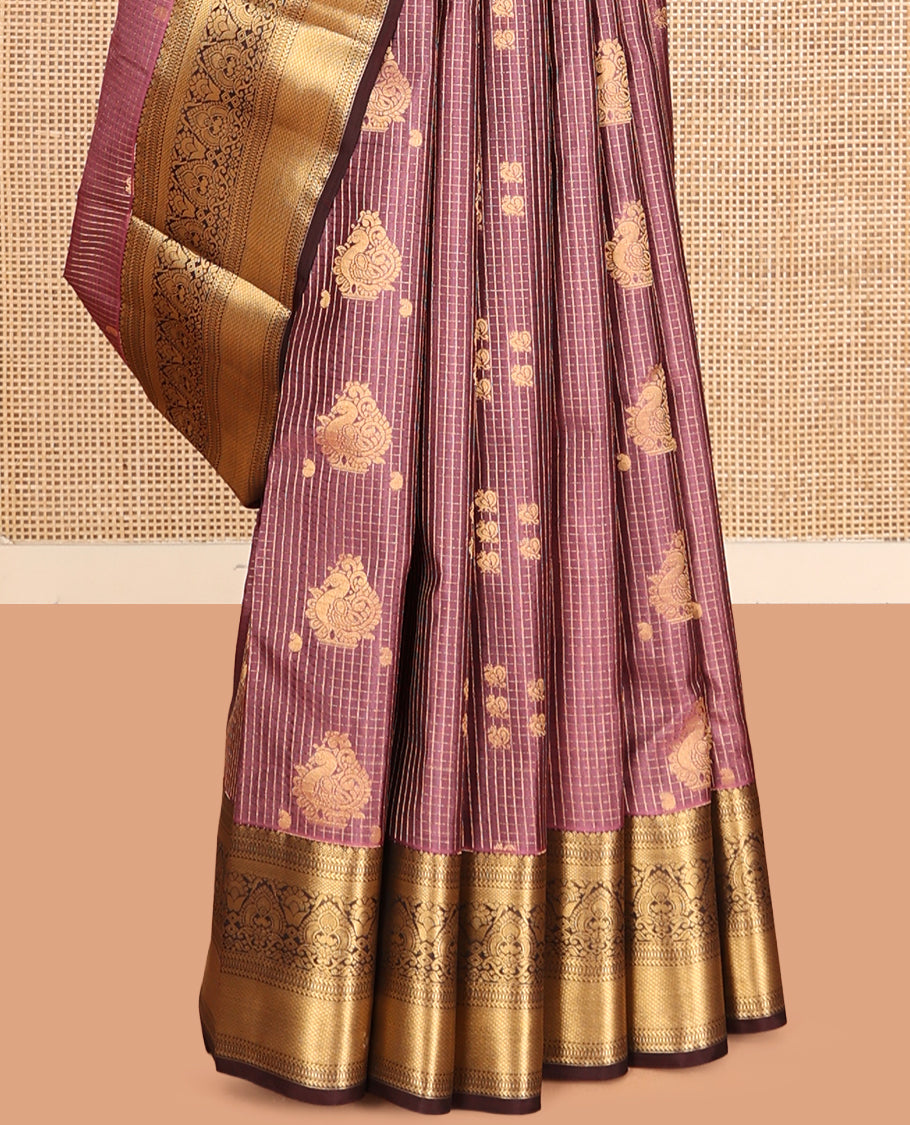 Pink Vasundhara Lite Silk Mix Saree, Enriched with Butta Enclosed Checks, a Contrast Border of Thilakam, Kathir, Muthu, and Mayil Kann Designs, Grand Pallu, and a Contrast Blouse