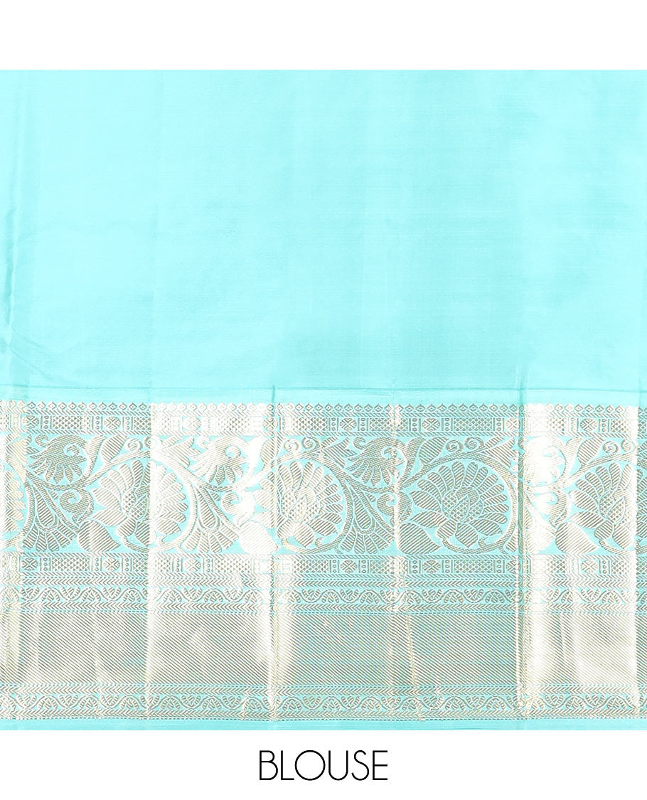 Yellow zari buttas silk saree, contrast border of thilakam, poun, kodi visiry, mayil kann, neli, and kathir designs, and butta enclosed checked pallu
