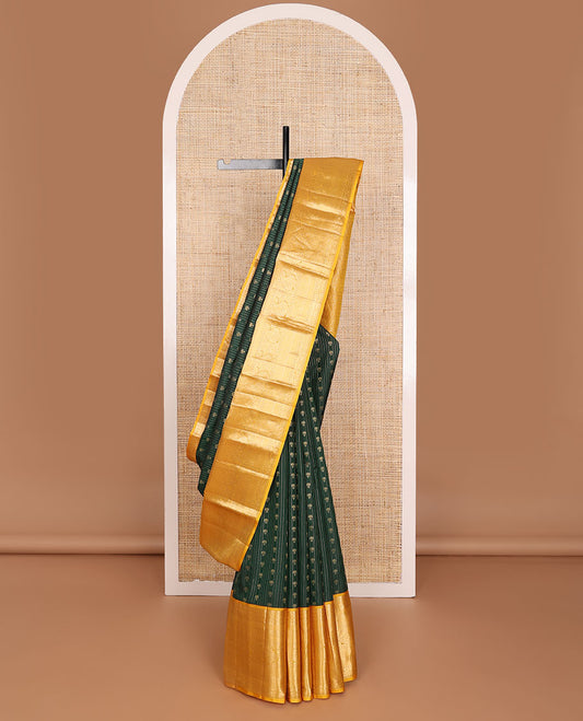 Green zari buttas silk saree, contrast intricate pallu & border of rekku,diamond,lavangam,mayil kann & manga designs