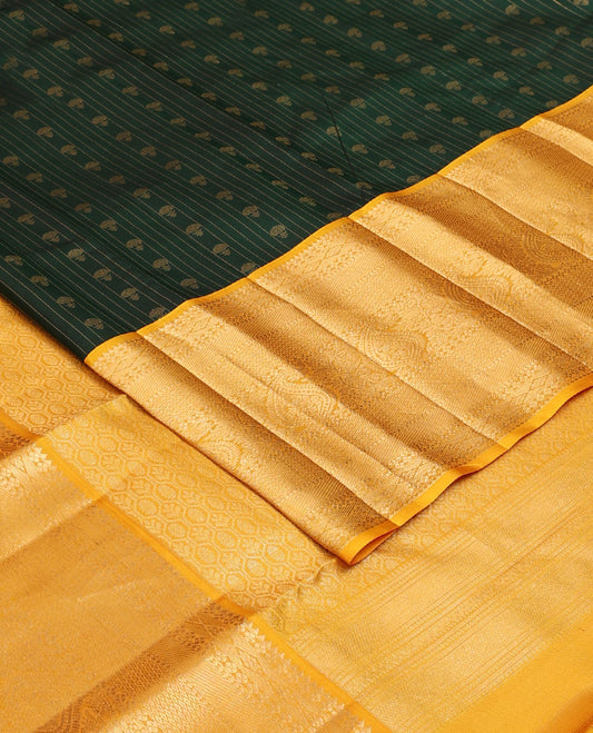 Green zari buttas silk saree, contrast intricate pallu & border of rekku,diamond,lavangam,mayil kann & manga designs