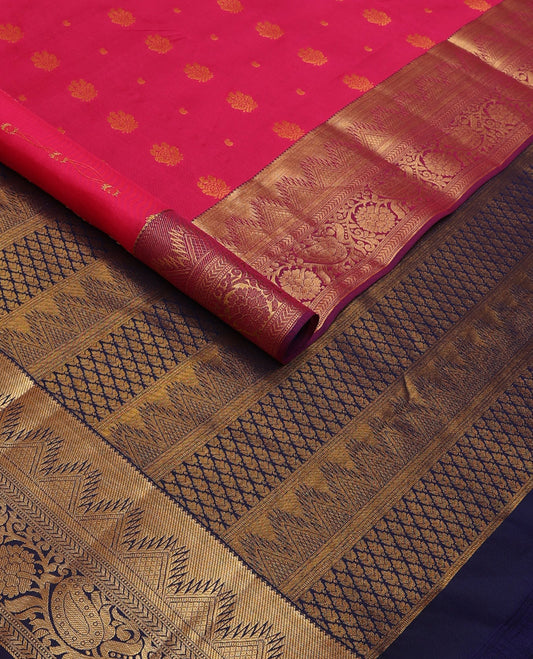 Pink zari buttas silksaree,contrast border of rekku,mayil kann,kathir,muthu floral & paisley design, & pallu of rekku & jaal-like motifs
