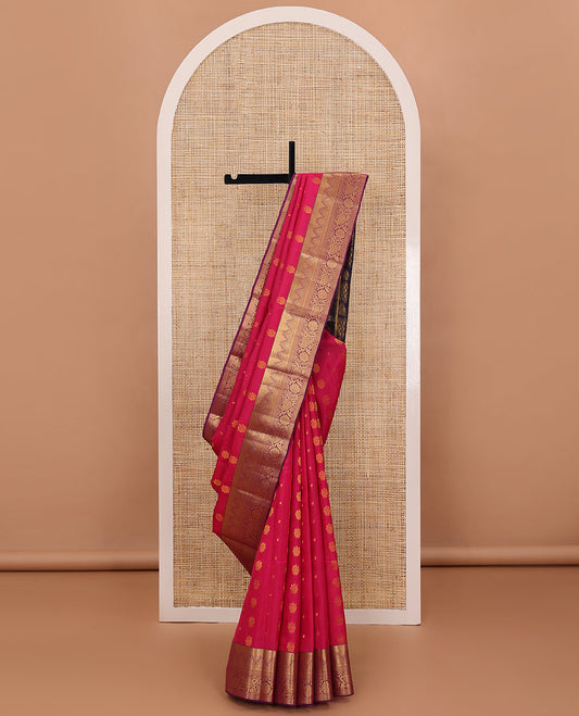 Pink zari buttas silksaree,contrast border of rekku,mayil kann,kathir,muthu floral & paisley design, & pallu of rekku & jaal-like motifs