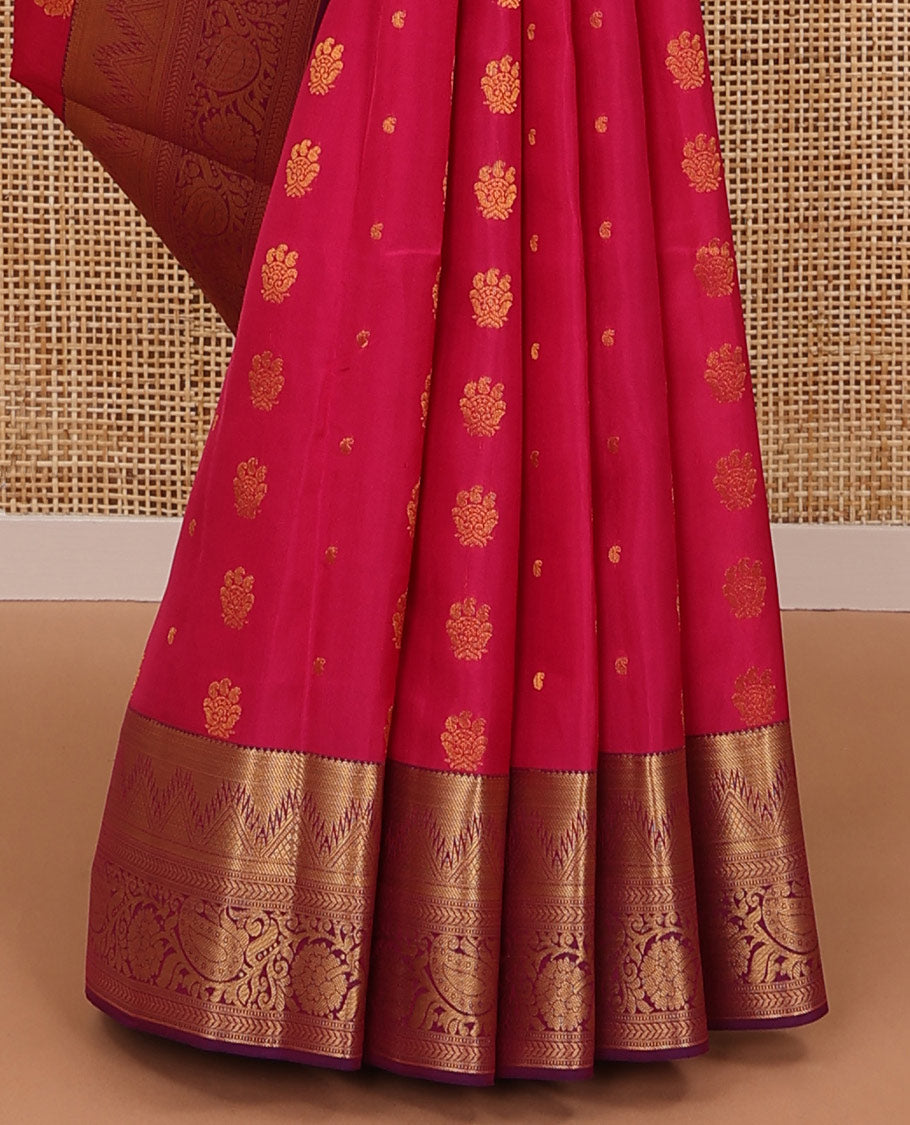 Pink zari buttas silksaree,contrast border of rekku,mayil kann,kathir,muthu floral & paisley design, & pallu of rekku & jaal-like motifs