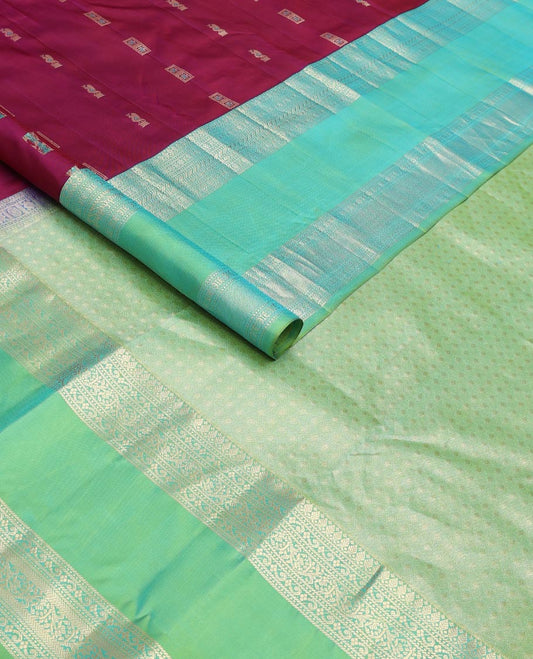 Purple meena buttas silksaree, contrast rettai pettu border of thilakam mokku,banaras,muthu & kodi visiry & zari-rich gleaming motifs pallu