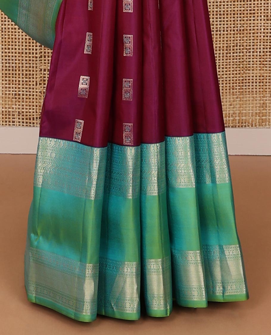 Purple meena buttas silksaree, contrast rettai pettu border of thilakam mokku,banaras,muthu & kodi visiry & zari-rich gleaming motifs pallu