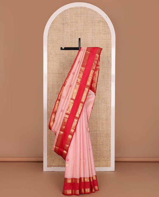 Peach Meena buttas silk saree, contrast rettai pettu border of thilakam mokku,muthu,banaras,kodi yaanai & mayil designs & zari motifs enclosed checked pallu