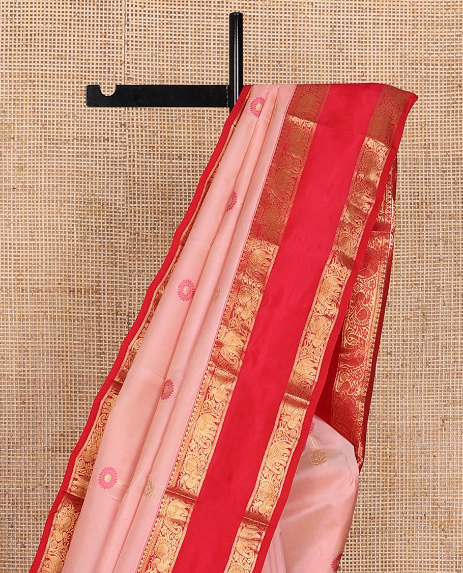 Peach Meena buttas silk saree, contrast rettai pettu border of thilakam mokku,muthu,banaras,kodi yaanai & mayil designs & zari motifs enclosed checked pallu