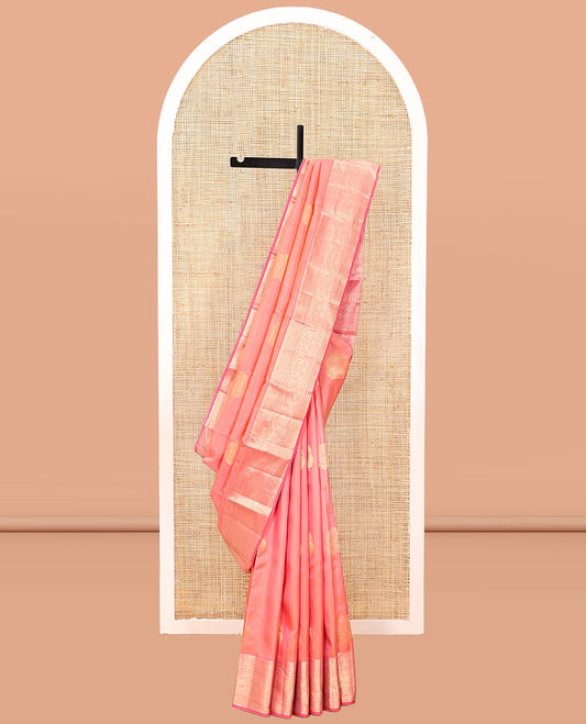 Peach Vasundhara Silk Saree, Delicately Woven with Annam Buttas, Contrast Border of Thilakam, Kathir, Mayil Kann, Kamalam, Mayil, and Yaali, Grand Pallu, and a Matching Blouse