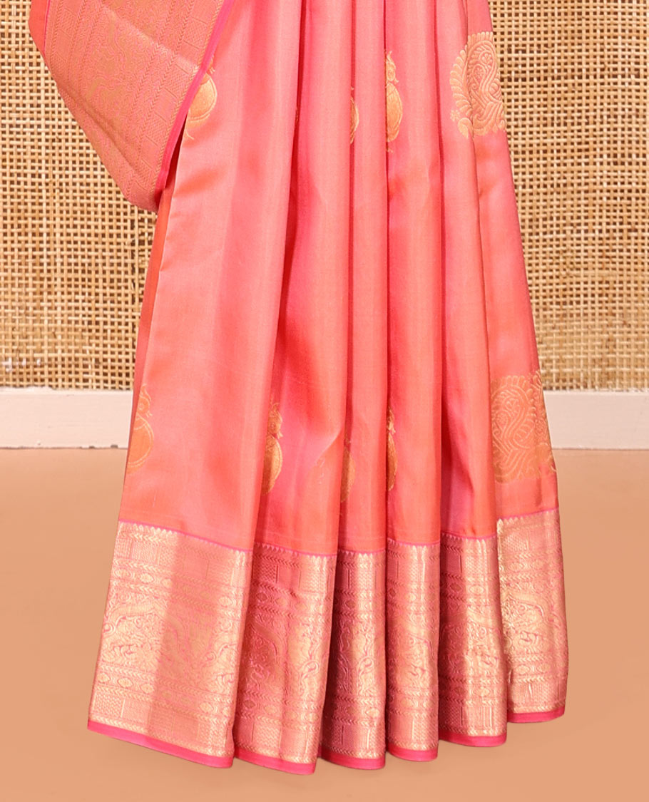 Peach Vasundhara Silk Saree, Delicately Woven with Annam Buttas, Contrast Border of Thilakam, Kathir, Mayil Kann, Kamalam, Mayil, and Yaali, Grand Pallu, and a Matching Blouse