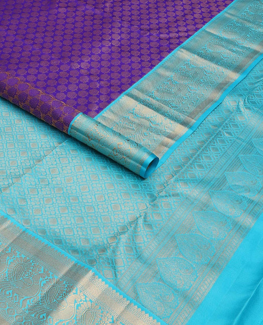 Blue jacquard wedding silk saree, contrast zari border of rekku, muthu, mayil kann, zari stripes, laddu kamalam & mayil & jaal pallu