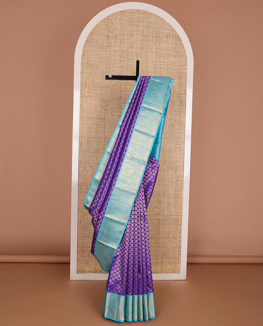 Blue jacquard wedding silk saree, contrast zari border of rekku, muthu, mayil kann, zari stripes, laddu kamalam & mayil & jaal pallu