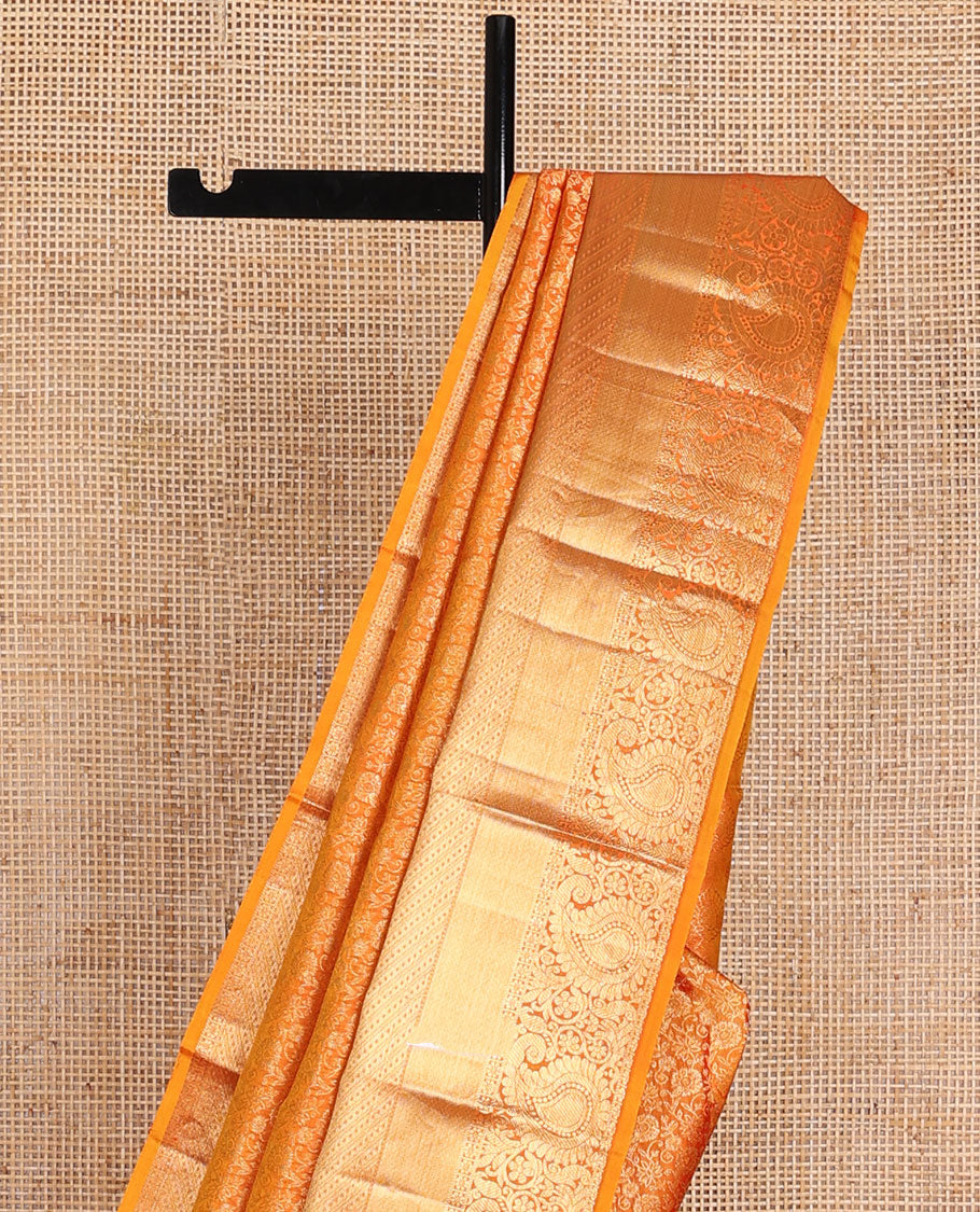 Orange floral jacquard wedding silk saree, uniquely zari woven pallu & zari border of rekku, floral & paisley designs