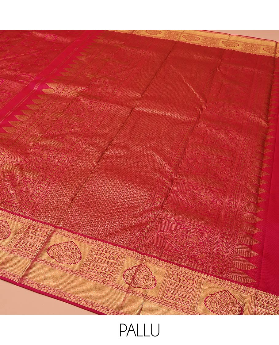Pink Kanchipuram Wedding Silk Saree, Meticulously Crafted with Jacquard Design On Its Body, Complemented by Contrast Border of Traditional Zari Designs, Grand Jaal Pallu and Paired with a Matching Blouse