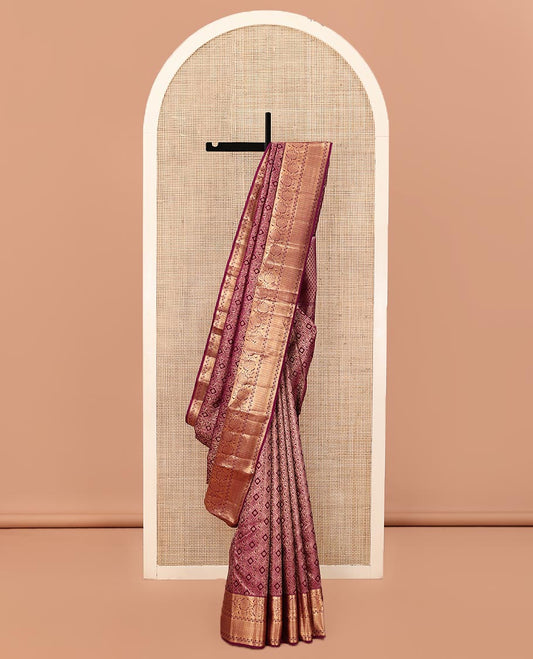 Purple Kanchipuram Wedding Silk Saree, Gracefully Embellished with Jacquard Designs on Its Body, Highlighted by a Zari Border of Rekku, and Kodi Visiry Designs, Richly Detailed Pallu, and Paired with a Matching Blouse