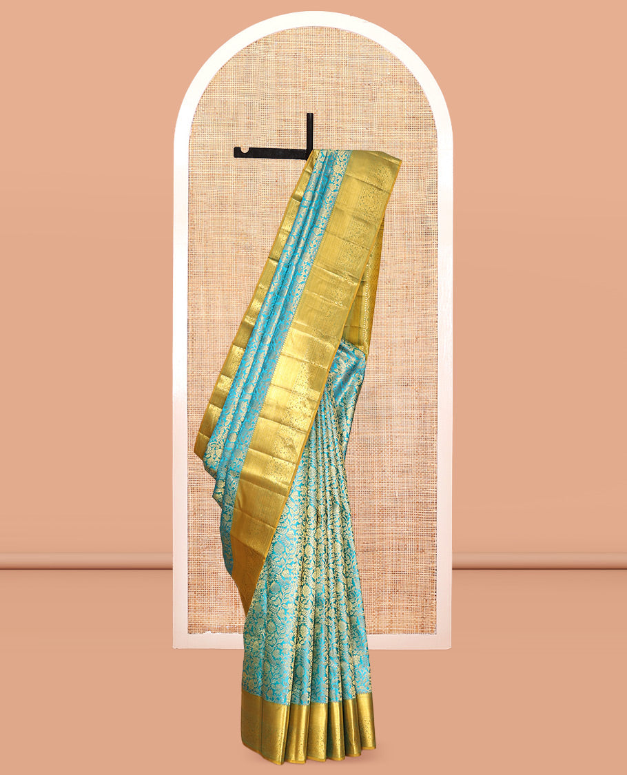 Blue Kanchipuram Wedding Silk Saree, Graced with Jacquard Design, a Contrast Border of Traditional Zari Design, Grand Pallu, and a Contrast Blouse