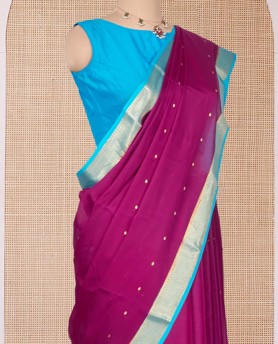 Magenta Mysore Silk Saree, Subtly Woven with Buttas All Over Its Body, Complemented by a Contrast Traditional Zari Design Border, Zari-Buttas Woven Pallu, and Paired with a Contrast Blouse