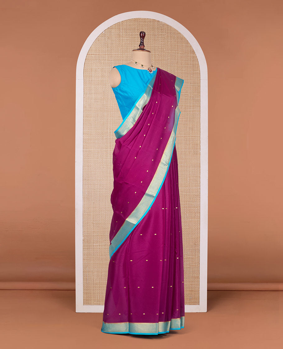 Magenta Mysore Silk Saree, Subtly Woven with Buttas All Over Its Body, Complemented by a Contrast Traditional Zari Design Border, Zari-Buttas Woven Pallu, and Paired with a Contrast Blouse