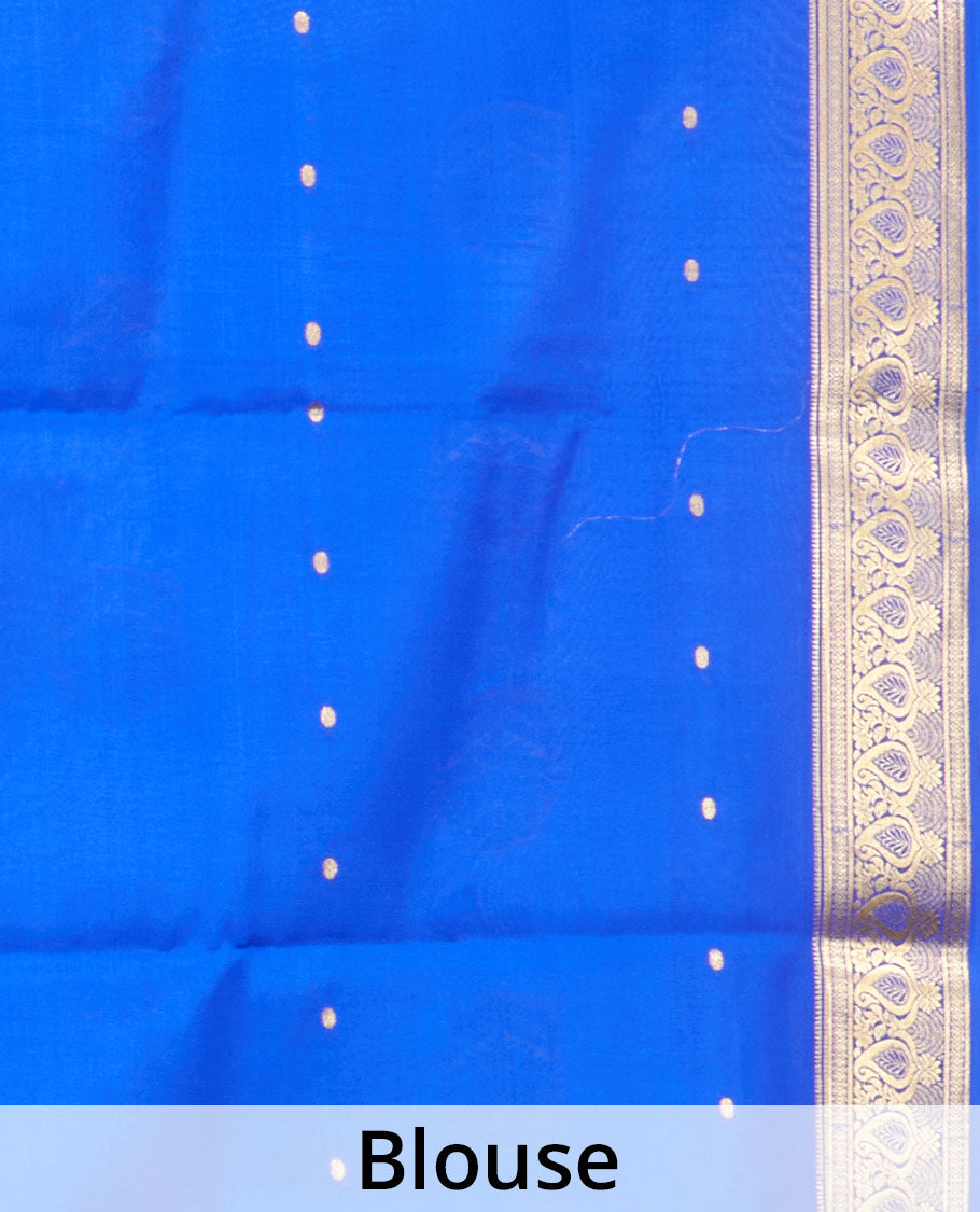 Green Mysore Silk Saree, Woven with Zari Buttas All Over Its Body, Complemented by a Contrast Traditional Zari Design Border, Zari-Buttas Woven Pallu, and Paired with a Contrast Blouse