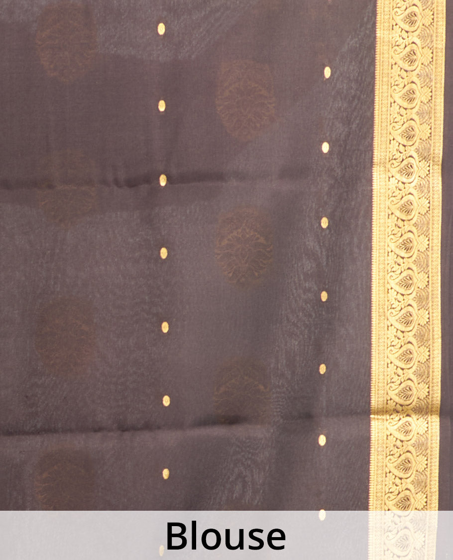 Red Mysore Silk Saree, Adorned with Zari Buttas All Over Its Body, Complemented by a Contrast Traditional Zari Design Border, Zari-Buttas Woven Pallu, and Paired with a Contrast Blouse