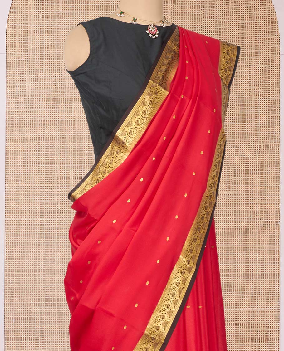 Red Mysore Silk Saree, Adorned with Zari Buttas All Over Its Body, Complemented by a Contrast Traditional Zari Design Border, Zari-Buttas Woven Pallu, and Paired with a Contrast Blouse