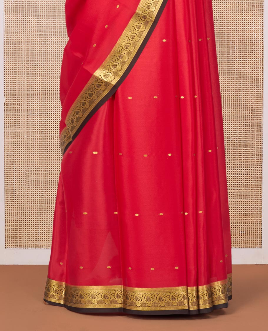Red Mysore Silk Saree, Adorned with Zari Buttas All Over Its Body, Complemented by a Contrast Traditional Zari Design Border, Zari-Buttas Woven Pallu, and Paired with a Contrast Blouse