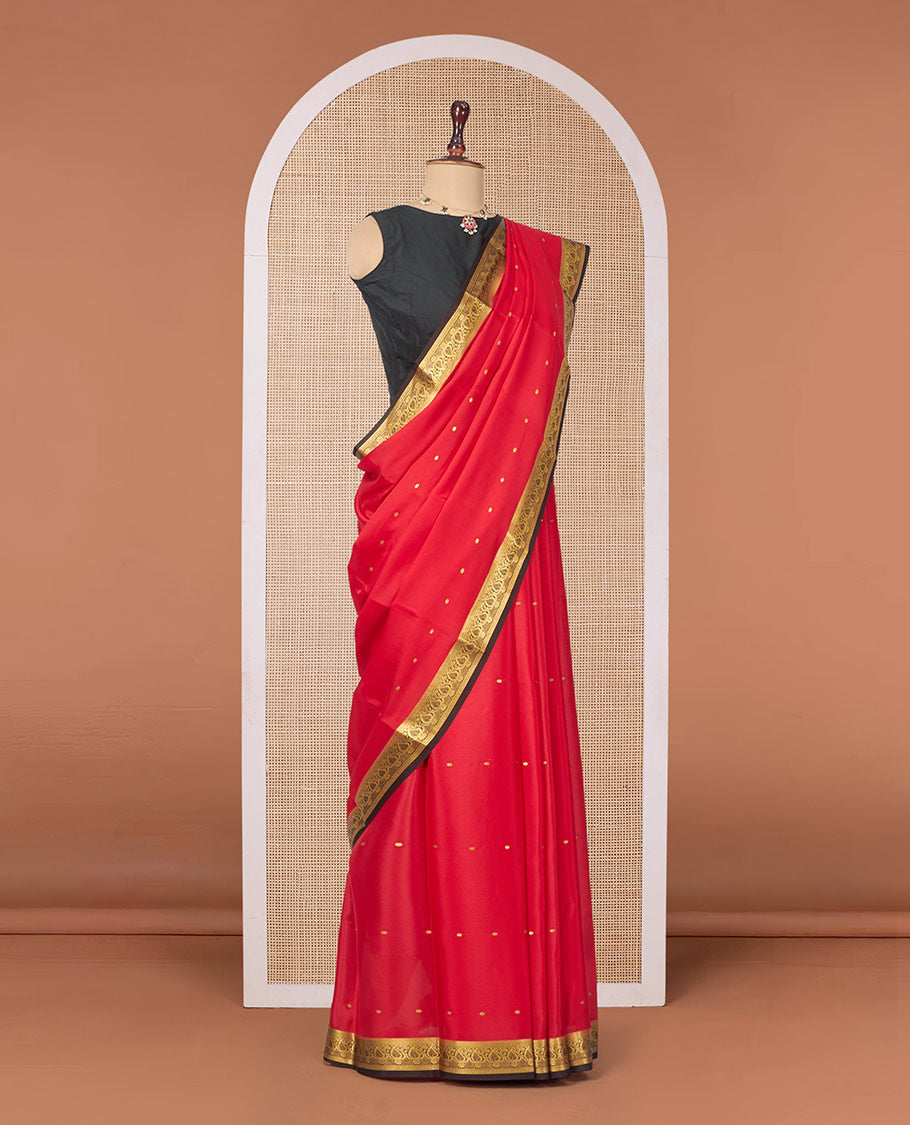 Red Mysore Silk Saree, Adorned with Zari Buttas All Over Its Body, Complemented by a Contrast Traditional Zari Design Border, Zari-Buttas Woven Pallu, and Paired with a Contrast Blouse