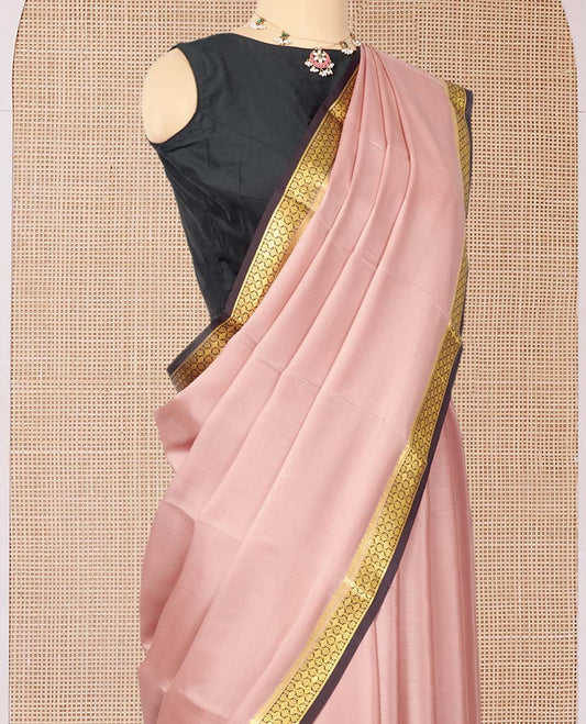 Light Pink Plain Mysore Silk Saree, Complemented by a Contrast Traditional Zari Design Border, Zari Striped Pallu, and Paired with a Contrast Blouse