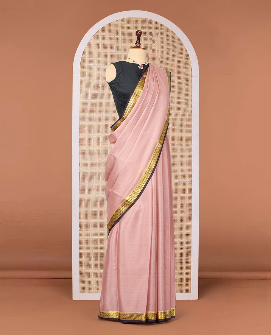 Light Pink Plain Mysore Silk Saree, Complemented by a Contrast Traditional Zari Design Border, Zari Striped Pallu, and Paired with a Contrast Blouse