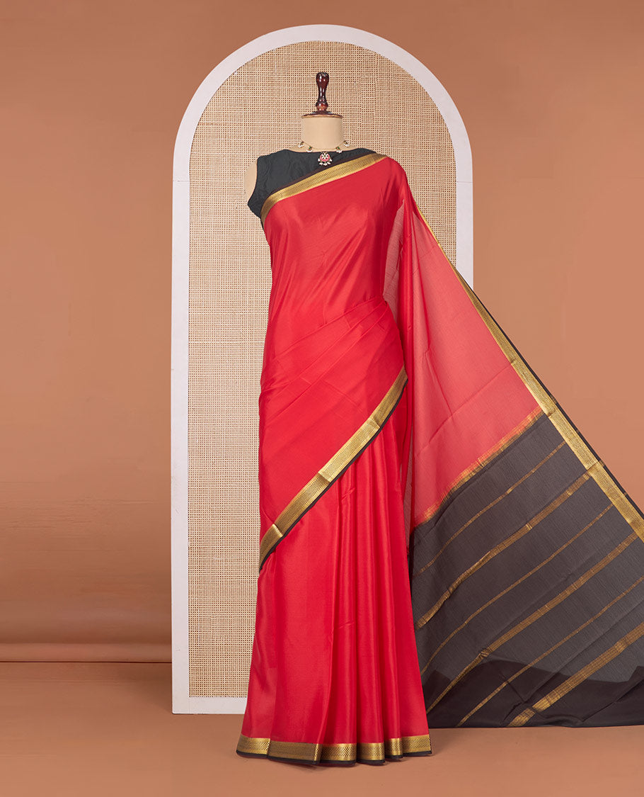 Red Plain Mysore Silk Saree, Complemented by a Contrast Traditional Zari Design Border, Zari Striped Pallu, and Paired with a Contrast Blouse