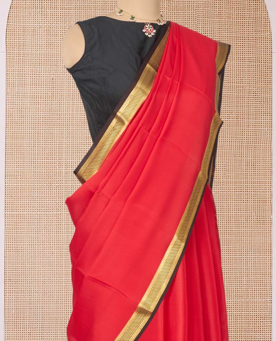 Red Plain Mysore Silk Saree, Complemented by a Contrast Traditional Zari Design Border, Zari Striped Pallu, and Paired with a Contrast Blouse