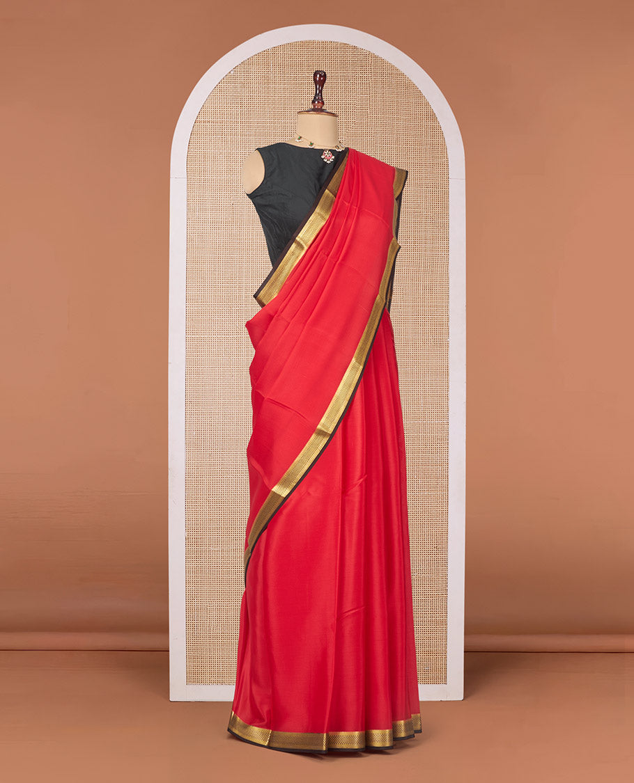 Red Plain Mysore Silk Saree, Complemented by a Contrast Traditional Zari Design Border, Zari Striped Pallu, and Paired with a Contrast Blouse