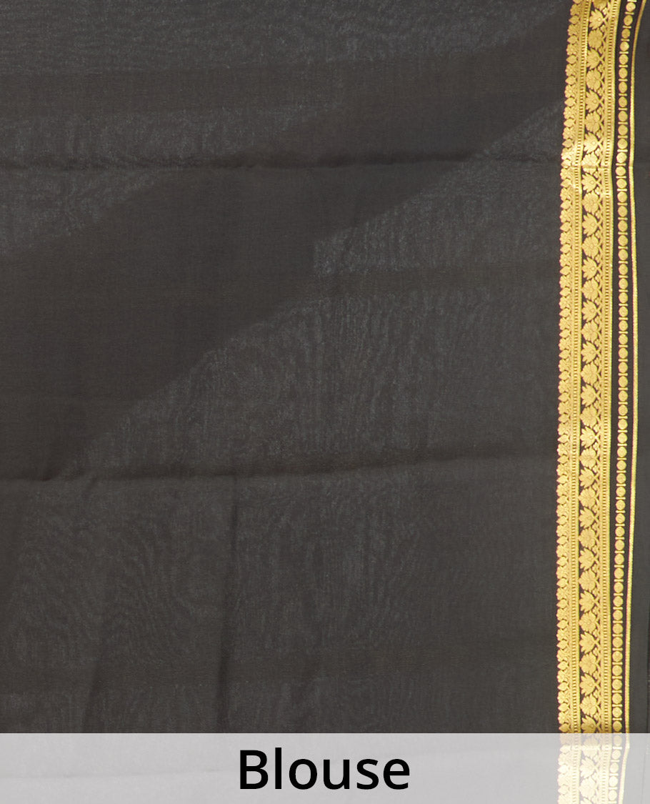 Orange Plain Mysore Silk Saree, Complemented by a Contrast Traditional Zari Design Border, Zari Striped Pallu, and Paired with a Contrast Blouse