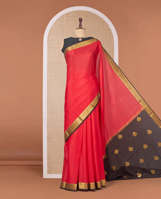 Red Mysore Silk Saree, Spotlighted with Zari Buttas All Over Its Body, Complemented by a Contrast Traditional Zari Design Border, Zari-Buttas Woven Pallu, and Paired with a Contrast Blouse