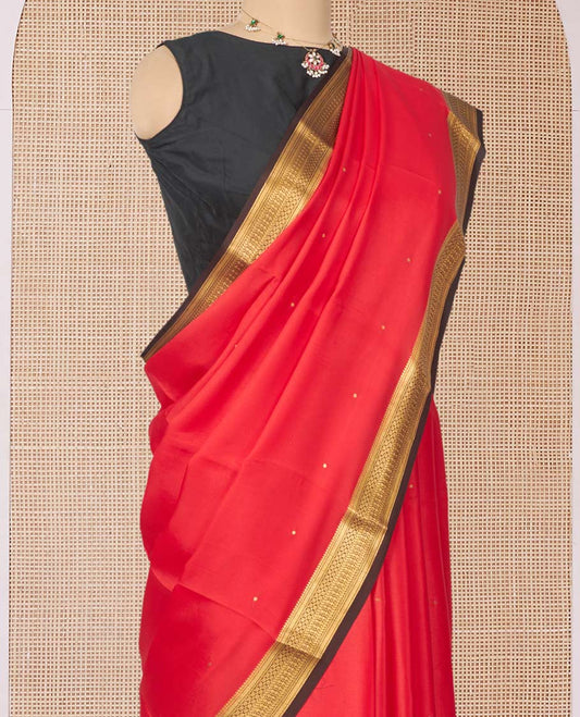 Red Mysore Silk Saree, Spotlighted with Zari Buttas All Over Its Body, Complemented by a Contrast Traditional Zari Design Border, Zari-Buttas Woven Pallu, and Paired with a Contrast Blouse