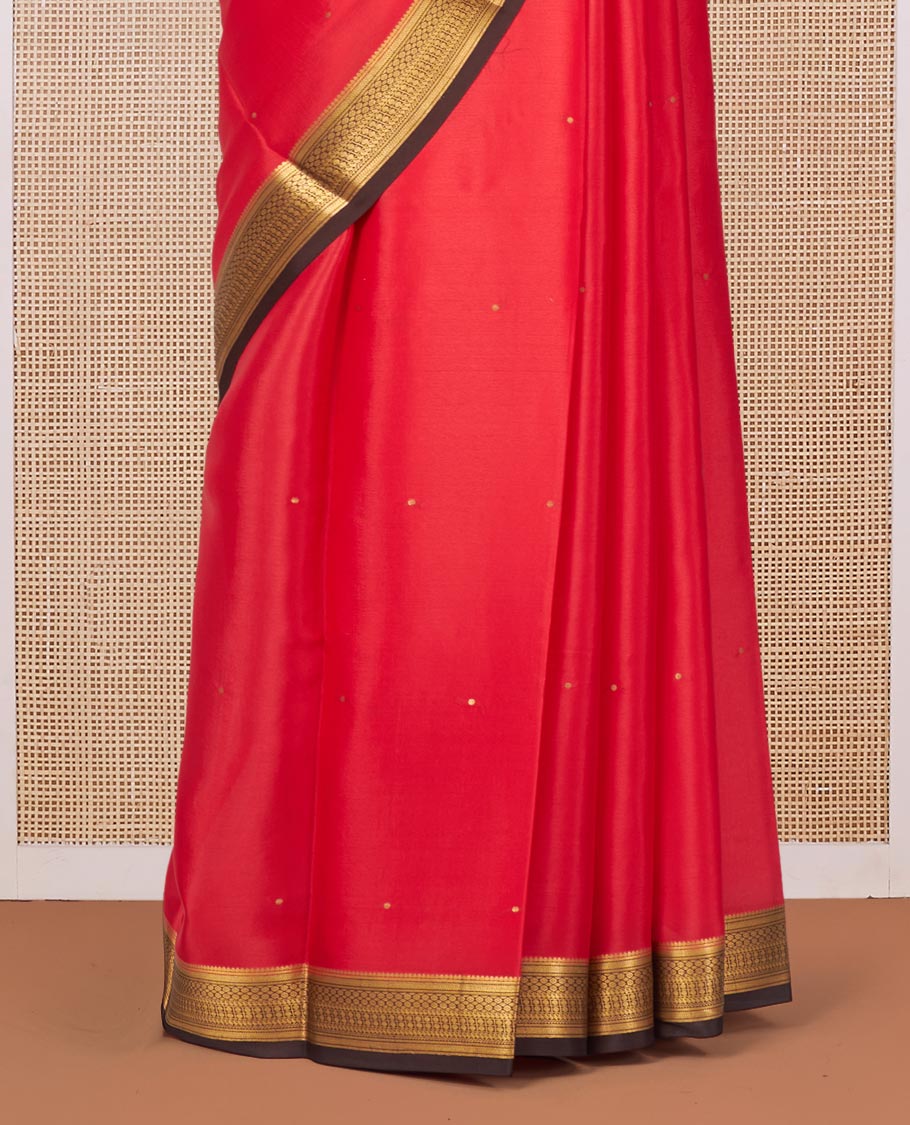 Red Mysore Silk Saree, Spotlighted with Zari Buttas All Over Its Body, Complemented by a Contrast Traditional Zari Design Border, Zari-Buttas Woven Pallu, and Paired with a Contrast Blouse