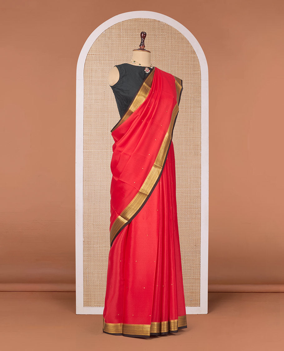 Red Mysore Silk Saree, Spotlighted with Zari Buttas All Over Its Body, Complemented by a Contrast Traditional Zari Design Border, Zari-Buttas Woven Pallu, and Paired with a Contrast Blouse
