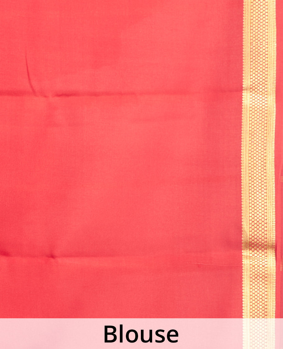 Brown Plain Mysore Silk Saree, Complemented by a Contrast Traditional Zari Design Border, Zari Striped Pallu, and Paired with a Contrast Blouse