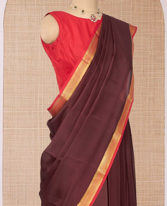 Brown Plain Mysore Silk Saree, Complemented by a Contrast Traditional Zari Design Border, Zari Striped Pallu, and Paired with a Contrast Blouse