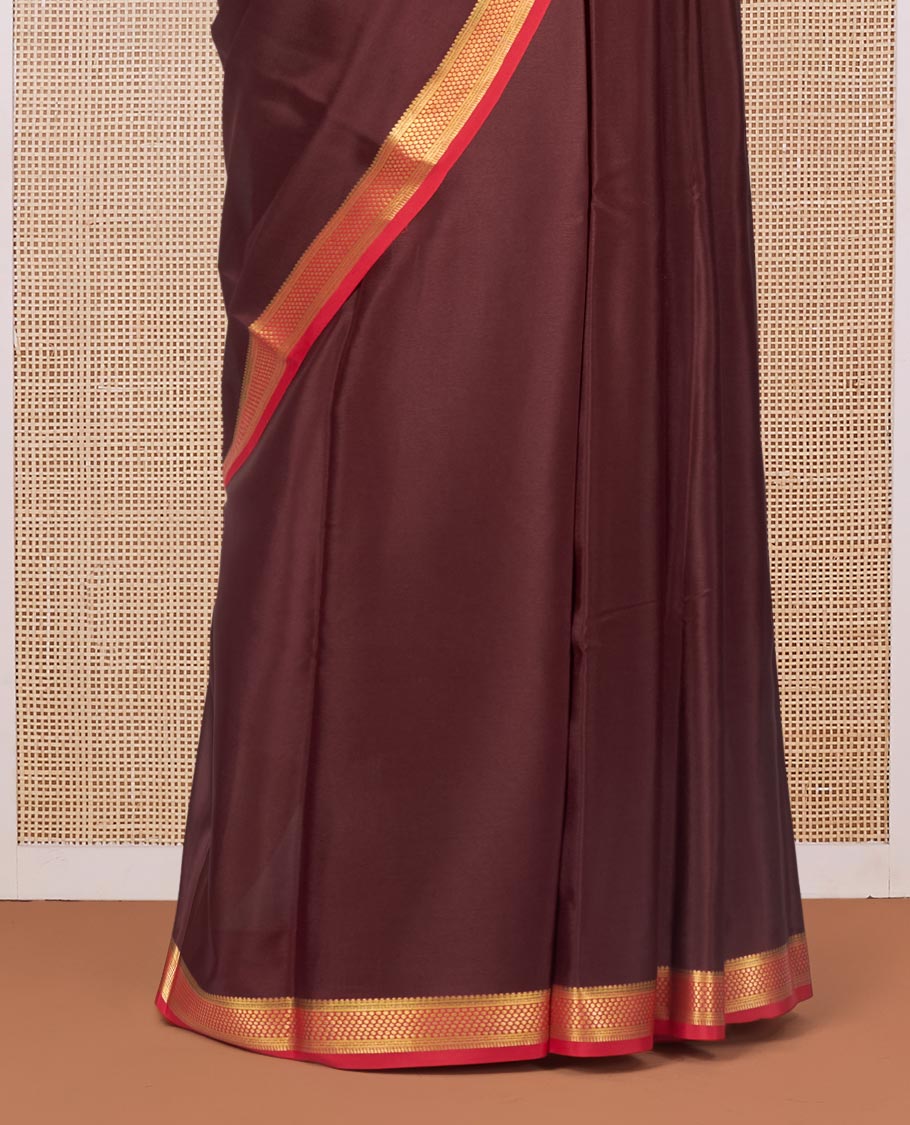 Brown Plain Mysore Silk Saree, Complemented by a Contrast Traditional Zari Design Border, Zari Striped Pallu, and Paired with a Contrast Blouse