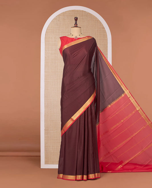 Brown Plain Mysore Silk Saree, Complemented by a Contrast Traditional Zari Design Border, Zari Striped Pallu, and Paired with a Contrast Blouse