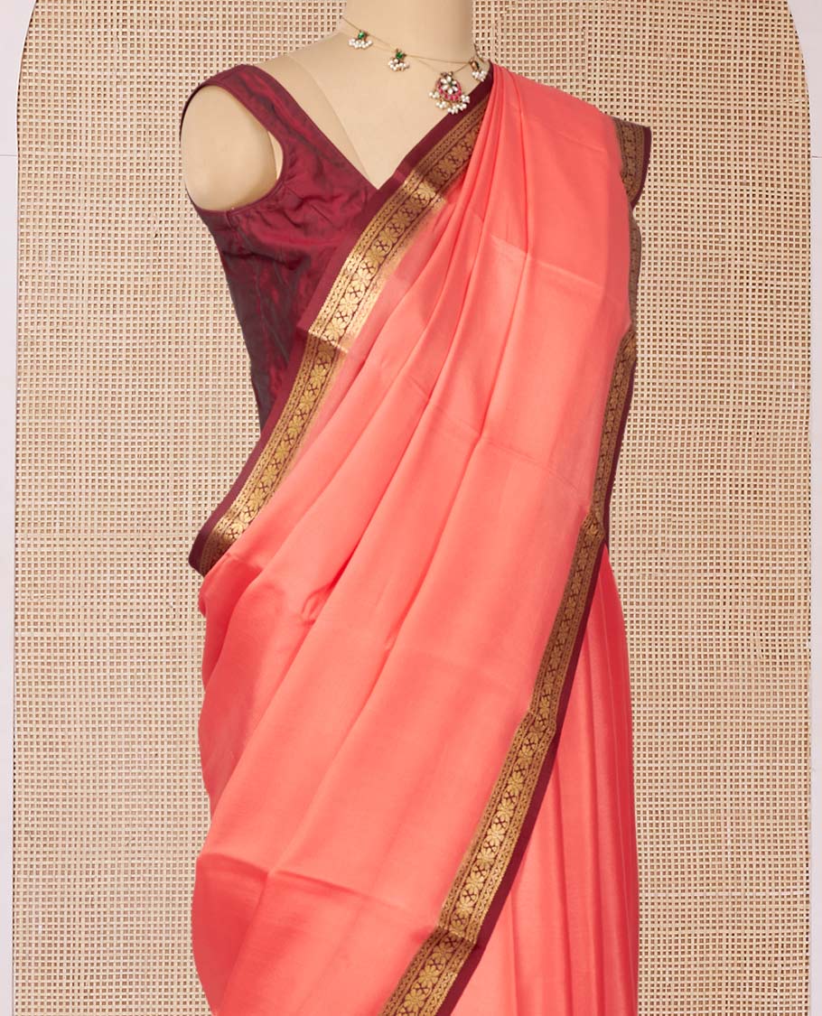 Peach Plain Mysore Silk Saree, Complemented by a Contrast Traditional Zari Design Border, Zari Striped Pallu, and Paired with a Contrast Blouse