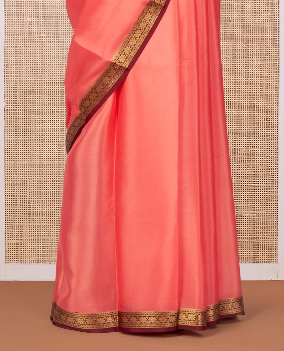 Peach Plain Mysore Silk Saree, Complemented by a Contrast Traditional Zari Design Border, Zari Striped Pallu, and Paired with a Contrast Blouse