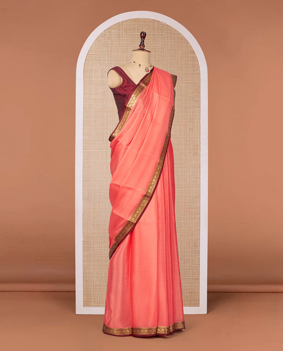 Peach Plain Mysore Silk Saree, Complemented by a Contrast Traditional Zari Design Border, Zari Striped Pallu, and Paired with a Contrast Blouse
