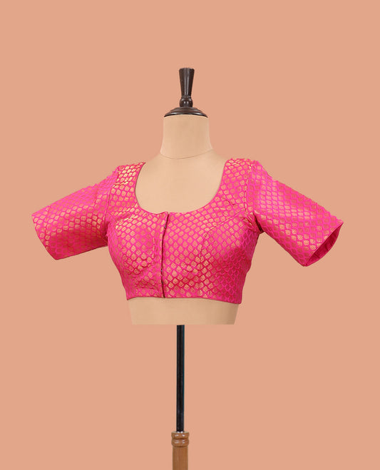 Rani pink zari jacquard front-back round neck elbow sleeve readymade blouse
